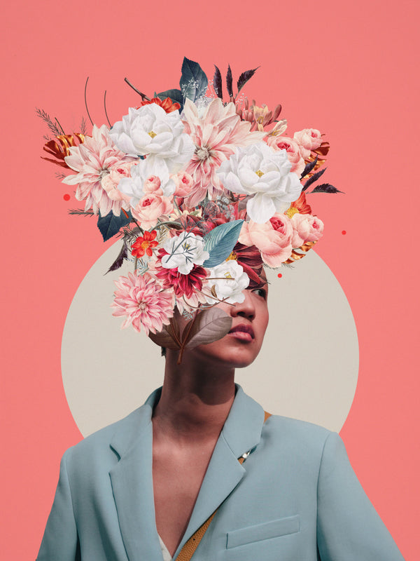 Surreal portrait of a person in a teal blazer with a large bouquet of flowers blooming from their head.