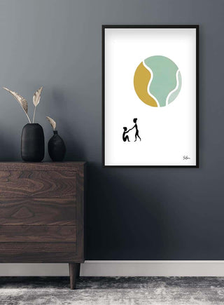 Framed "Together Kunstposter" by Sara Sonne featuring abstract figures and a sun, displayed above a dark wooden dresser.