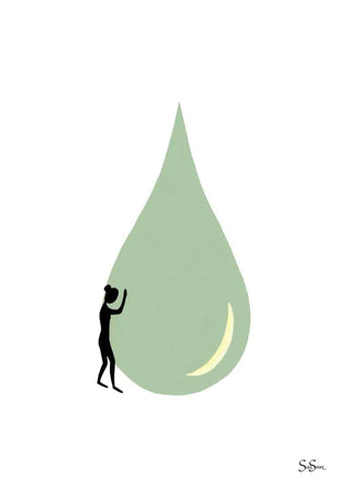 Minimalist art print showing a person leaning on a large green droplet, by Sara Sonne.