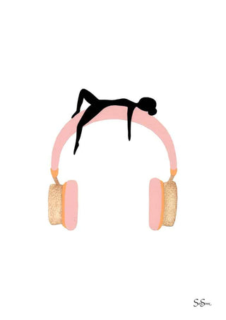 Minimalist art of a figure reclining on large pink headphones, from Sara Sonne's "Being" collection.