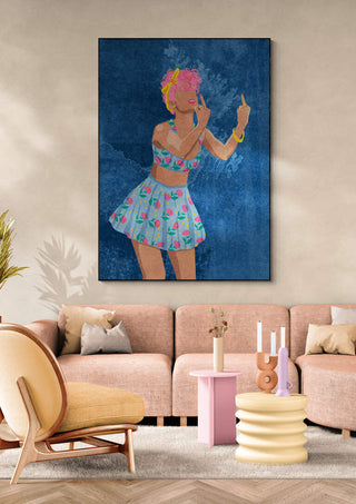 Colorful artwork of a woman in a floral outfit, displayed above a modern sofa in an elegant living room.