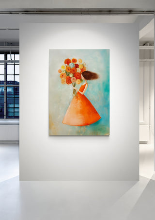 Painting of a woman in an orange dress holding flowers, displayed on a white gallery wall.