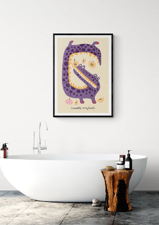 Framed "Krokodille" by Nina Broen, featuring a playful purple crocodile, hanging above a modern bathtub.