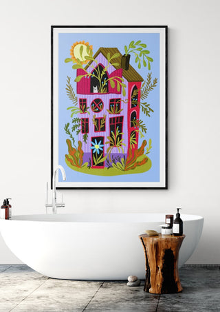 Colorful illustration of a pink house with plants, displayed above a modern bathtub on the Our House product page.