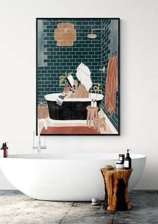 Art print of a girl relaxing in a hot tub, surrounded by green tiles, displayed above a modern bathtub.