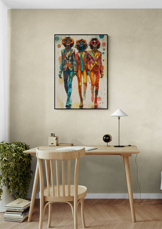 Wackie Jackies - Tara Green art print displayed above a modern desk setup with natural decor.