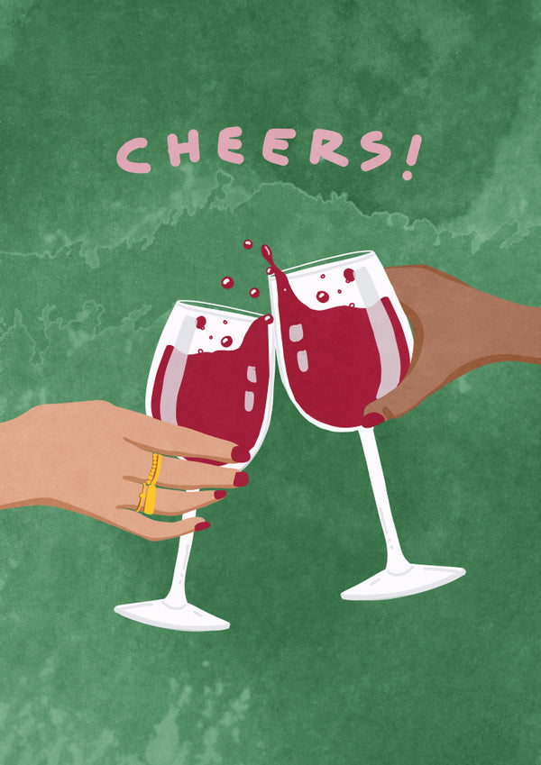 Illustration of two hands clinking wine glasses, with "CHEERS!" text above, for Cheers To Us by Raissa Oltmanns.