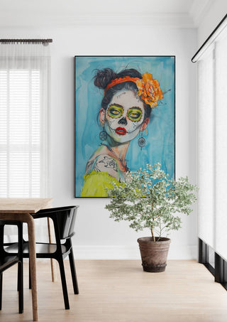Framed "Mexican Smile - Tara Green" artwork featuring a woman with vibrant face paint and orange flower headpiece.