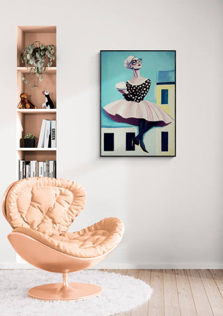 Modern living room featuring "It's My House" by Martin Zen on the wall above a stylish peach armchair.