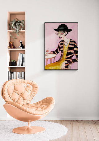Modern living room with a peach chair and "My Smile - Martin Zen" art print on the wall.