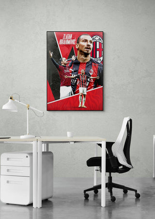 Zlatan Ibrahimović football poster on a wall above a modern office desk and chair.