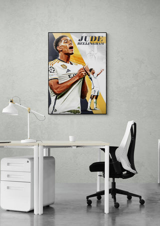 Jude Bellingham football poster displayed above a modern office desk and chair setup.