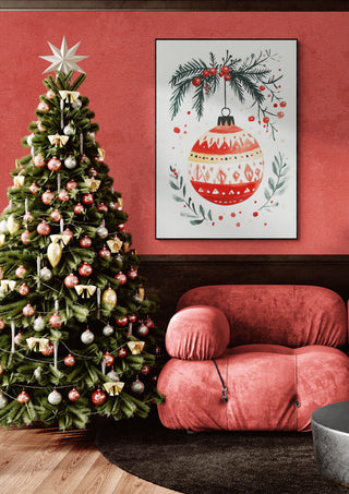 Festive living room with decorated Christmas tree, red sofa, and ornament artwork for Season's Greetings.