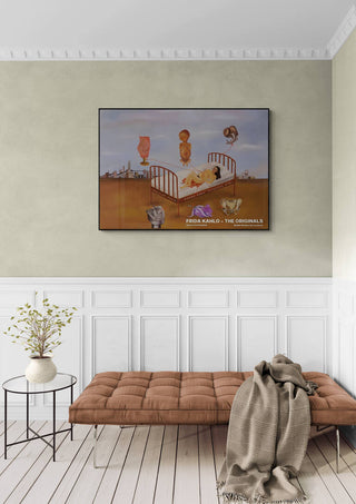 Frida Kahlo's "Henry Ford Hospital" artwork framed and hung above a bench in a modern living room.