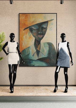 Abstract portrait painting by Martin Zen displayed between two mannequins in modern outfits.