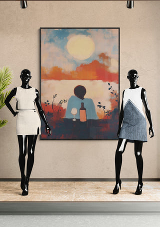 Framed "Time Alone" by Martin Zen displayed behind mannequins in modern dresses on product page.