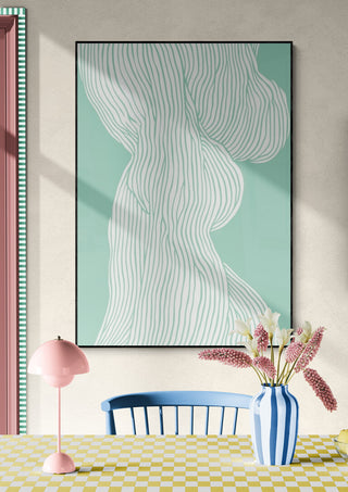 Abstract artwork "Fibers No 1" with wavy white lines on a pastel green background, displayed in a modern room.
