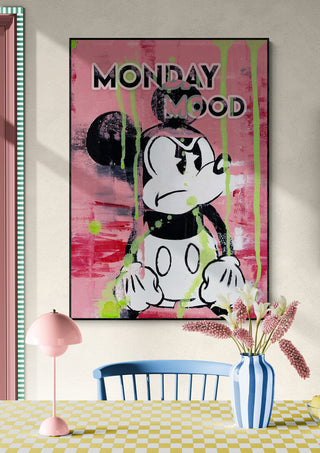 Monday Mood - Daniel Leo art print of a cartoon mouse on pink background, displayed above a dining table setting.