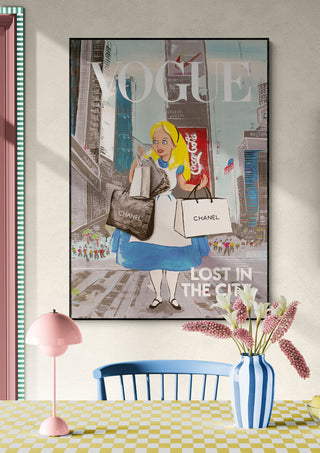 Framed "Lost In The City" art by Daniel Leo featuring Alice with shopping bags in a city, on a modern wall.