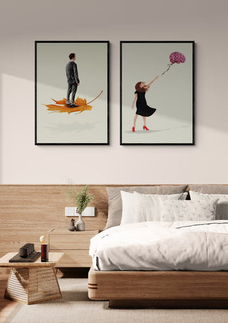 Bedroom with two Coco de Paris "Imagine being a leaf" art prints hanging above the bed.