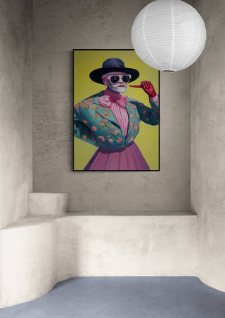 Art print of "I Point My Finger - Martin Zen" featuring a stylish skeleton, displayed in a modern room.