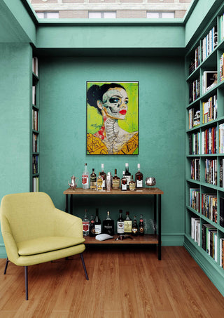 Inner Thoughts - Martin Zen artwork hanging above a console with bottles, beside bookshelves and a yellow chair.