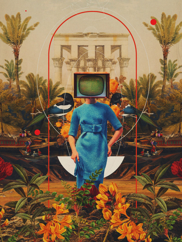 Surreal collage of a woman in blue with a TV for a head, floral elements, and birds; art by Frank Moth.
