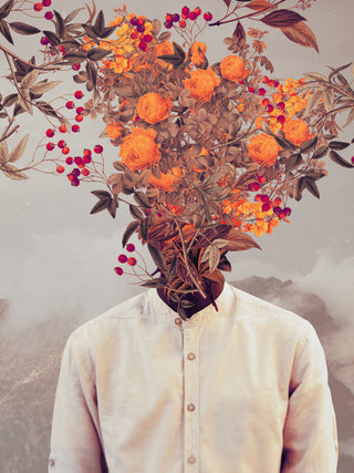 A person in a white shirt with their head replaced by blooming orange flowers and berries; surreal art print.