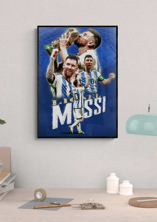 Lionel Messi football poster featuring action shots and trophy celebration, displayed on a modern wall.