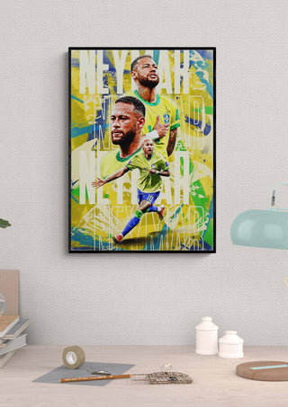 Neymar football poster featuring him in Brazil kit with dynamic poses and colorful background.