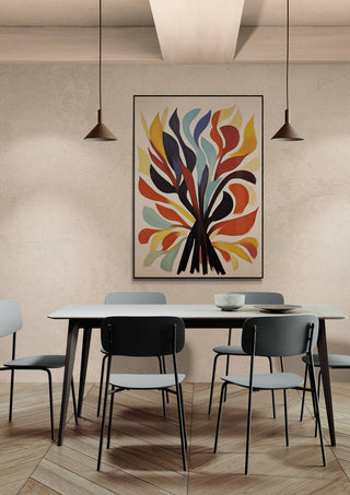 Colorful abstract art print, Mystical Mosaic, hanging above a modern dining table with four chairs.