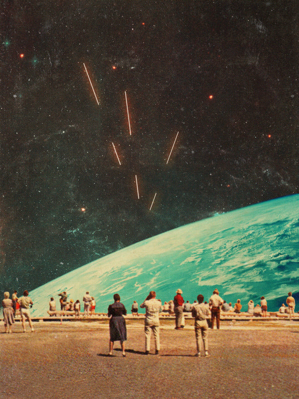 Surreal artwork of people watching light trails in space above Earth, from The Others by Frank Moth.