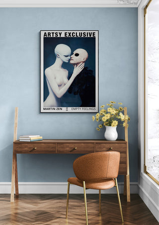 Poster of "Empty Feelings" by Martin Zen displayed above a wooden desk with flowers in a modern room.