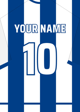 Personalised football shirt poster in FC Porto's blue and white stripes – a name and number on the back