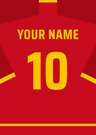 Personalised football shirt poster in Spain's red with yellow lettering – a name and number on the back