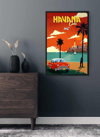 Havana Vintage Plakat featuring a classic car by the sea, palm trees, and vibrant retro colors on a wall.
