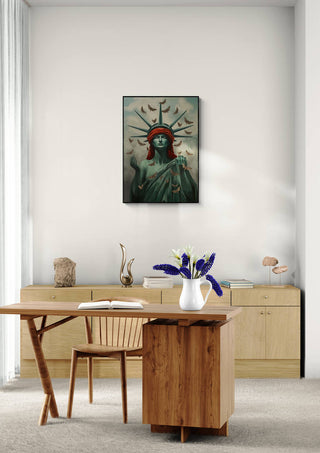 Framed "Repeat After Me" by Tara Green artwork displayed above a modern wooden desk in a bright office.