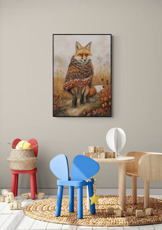 Framed fox art in a cozy kids' playroom with colorful chairs and wooden toys, featured on Fox Out The Box.
