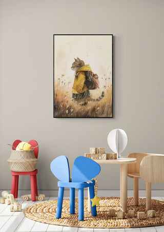 Framed Cool Cat artwork featuring a cat in a yellow raincoat, displayed above children's playroom furniture.