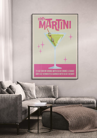 Dirty Martini Cocktail wallchart with recipe, displayed in a modern living room above a gray sofa and table.