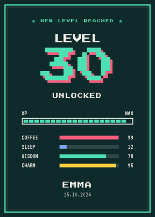Level Up personalised gamer birthday poster – LEVEL 30 UNLOCKED in 8-bit pixel numbers with an XP bar, stats, name and date (Forest)