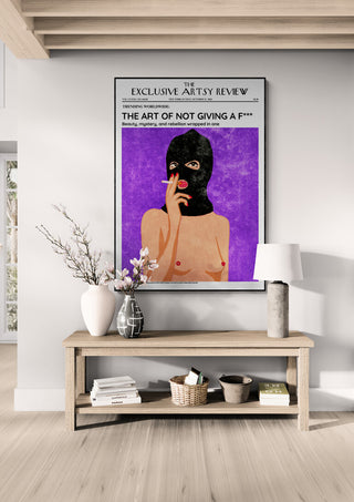 Poster for Not Giving a Fuck Artsy Edition featuring masked figure with purple background in modern living room.