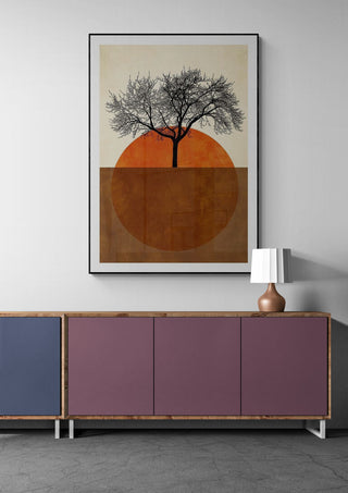 Framed "Sommermorgen" by Boris Draschoff above sideboard with lamp in modern interior setting.