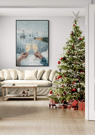 Festive living room with decorated Christmas tree, wrapped gifts, and snowy champagne toast artwork on the wall.