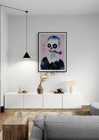 Framed My Pipe - Martin Zen artwork featuring a skeleton with a pipe, displayed in a modern living room.