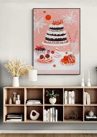Festive cake and Christmas treats art print displayed in a modern living room, Cake my Day Christmas Edition.