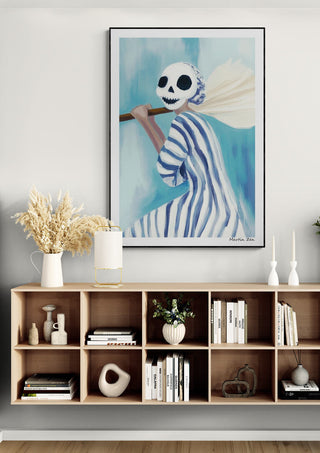 Skt. Hans - Martin Zen art print featuring a skeleton in striped clothing holding a broom, hung above modern decor.