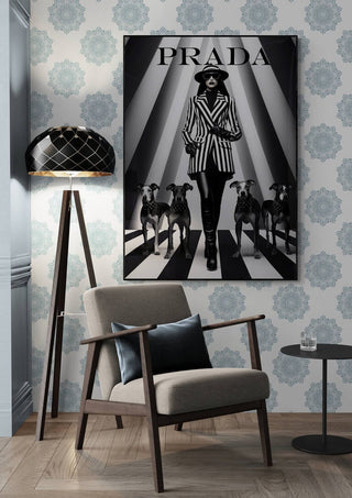 Product page image: Stripes by Prada poster featuring a model in striped attire with four dogs, elegant modern room setting.