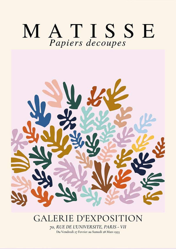 Poster of Matisse Papiers Decoupes with colorful cut-out shapes for Matisse The Sheef Refurbished product page.