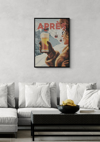 Framed Apres Ski Alpine poster with a woman holding a drink, snowy mountains and ski lifts in the background.